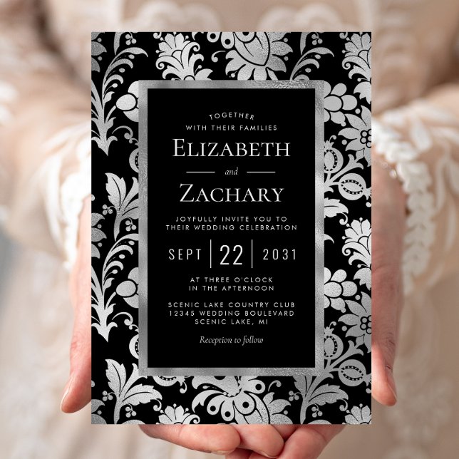 Invitación Boda de patrón floral de cosecha negra plateada (Subido por el creador)
