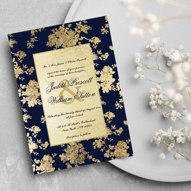 Invitación Boda De Patrón Floral De Oro Azul De La Marina Vin (Vintage Navy Blue Gold Floral Pattern Wedding)