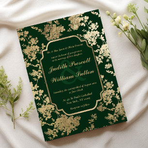 Invitación Boda de patrón floral de oro verde del bosque de v