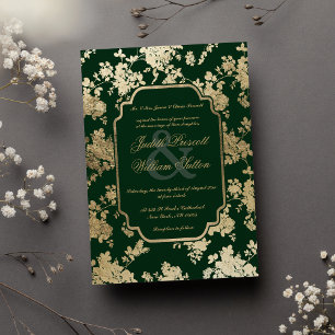 Invitación Boda de patrón floral de oro verde oscuro vintage
