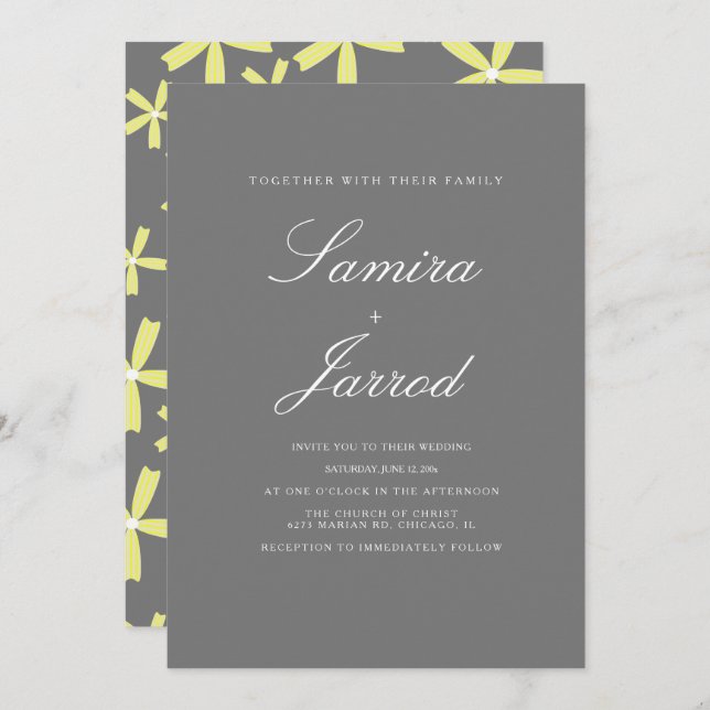 Invitación Boda de patrón floral simple amarillo y gris (Anverso / Reverso)