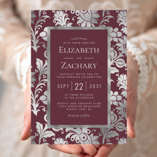 Invitación Boda de patrón floral vintage plateado de borgoña
