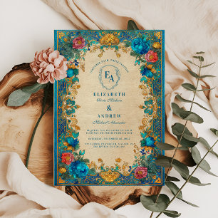 Invitación Boda de patrón floral y Verde azulado barroco