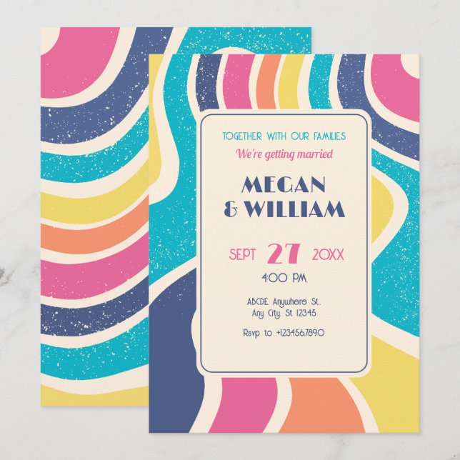 Invitación Boda de patrón ininterrumpido abstracto retro colo (Anverso / Reverso)
