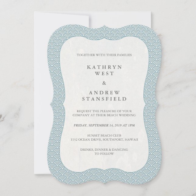 Invitación Boda de patrón mínimo formal azul + onda blanca (Anverso)