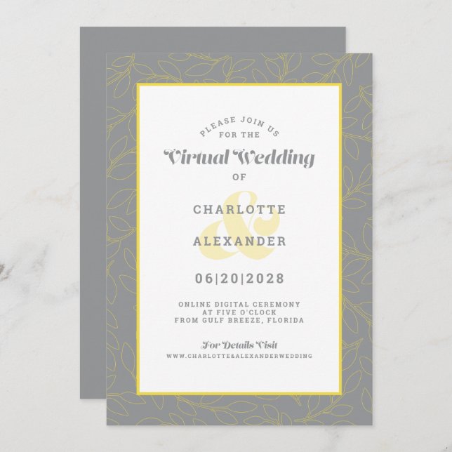 Invitación Boda de patrón moderno gris amarillo en línea virt (Anverso / Reverso)
