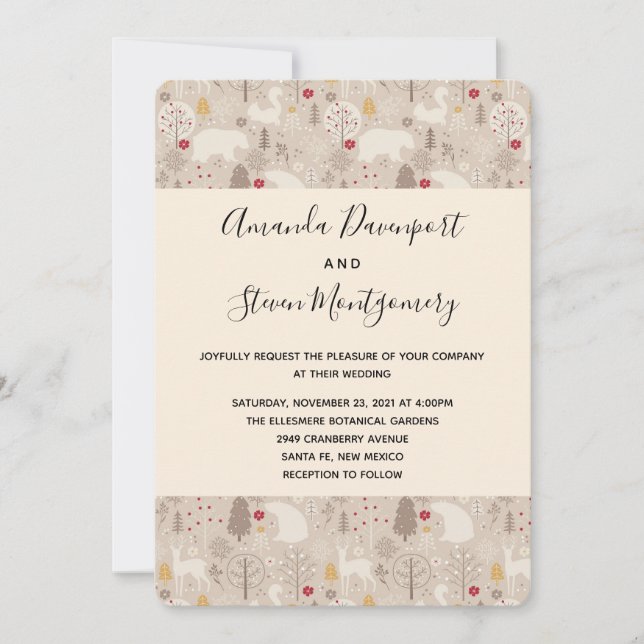 Invitación Boda de patrón nórdico de animales de bosque de po (Anverso)