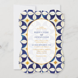 Invitación Boda de patrón portugués azul y amarillo vintage