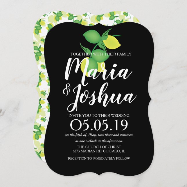 Invitación Boda de patrón sin foco de limón amarillo verde mo (Anverso / Reverso)