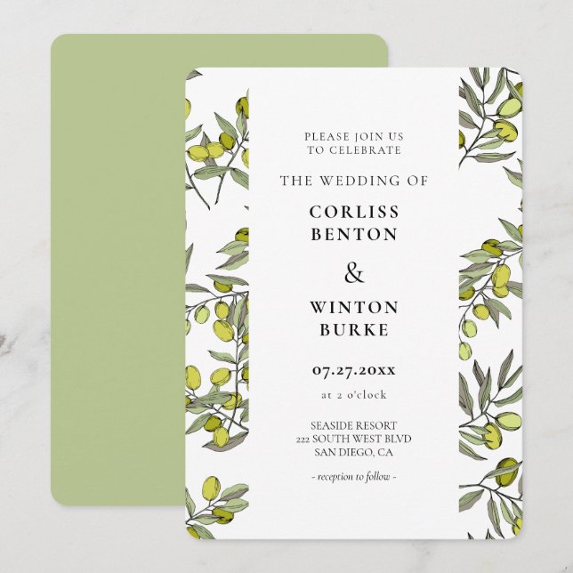 Invitación Boda de patrones de bifurcación oliva (Anverso / Reverso)