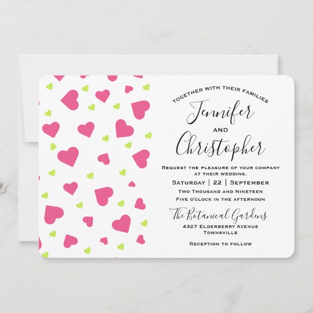 Invitación Boda de patrones de corazones rojos y verdes (Anverso)