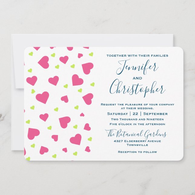 Invitación Boda de patrones de corazones rojos y verdes (Anverso)