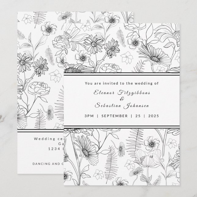 Invitación Boda de patrones de flor de margarita negra y blan (Anverso / Reverso)