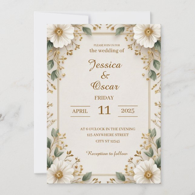 Invitación Boda de patrones florales de oro romántico suave (Anverso)