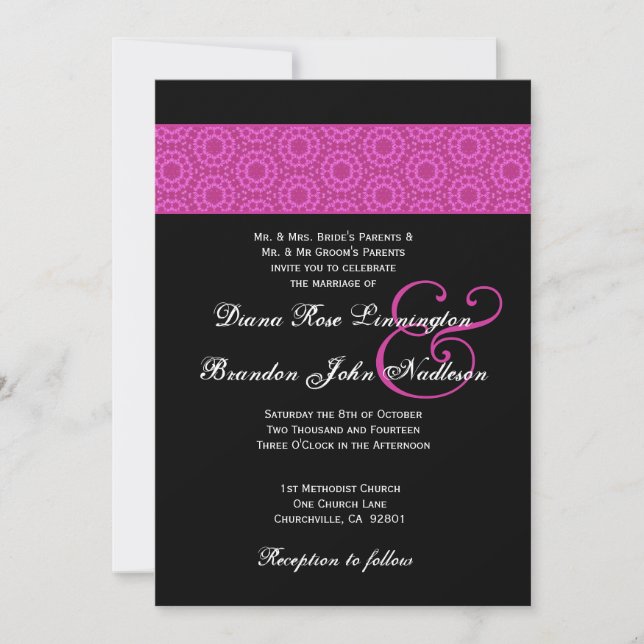 Invitación Boda de patrones rosa y negro (Anverso)