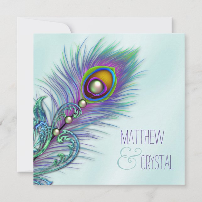Invitación Boda de pavo real azul morado y Verde azulado (Anverso)