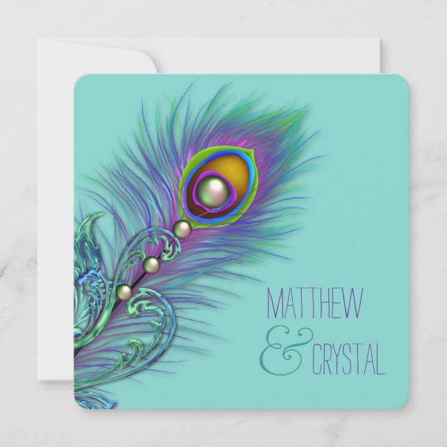 Invitación Boda de pavo real azul morado y Verde azulado (Anverso)