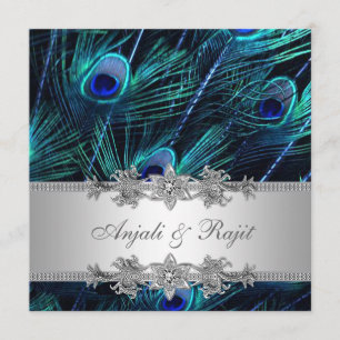 Invitación Boda de Pavo Real Azul Real Plateado