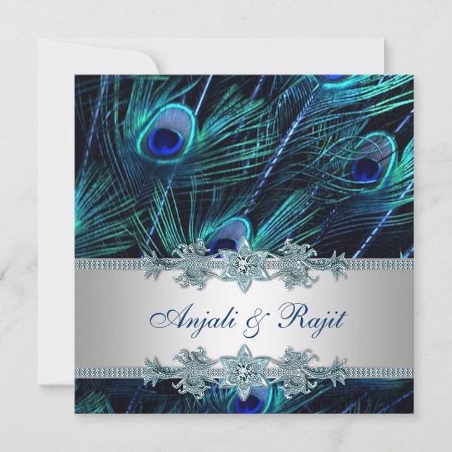 Invitación Boda de Pavo Real Azul Real y Plata (Anverso)