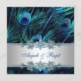 Invitación Boda de Pavo Real Azul Real y Plata