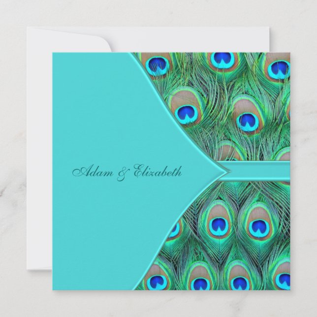 Invitación Boda de pavo real azul verde azulado (Anverso)