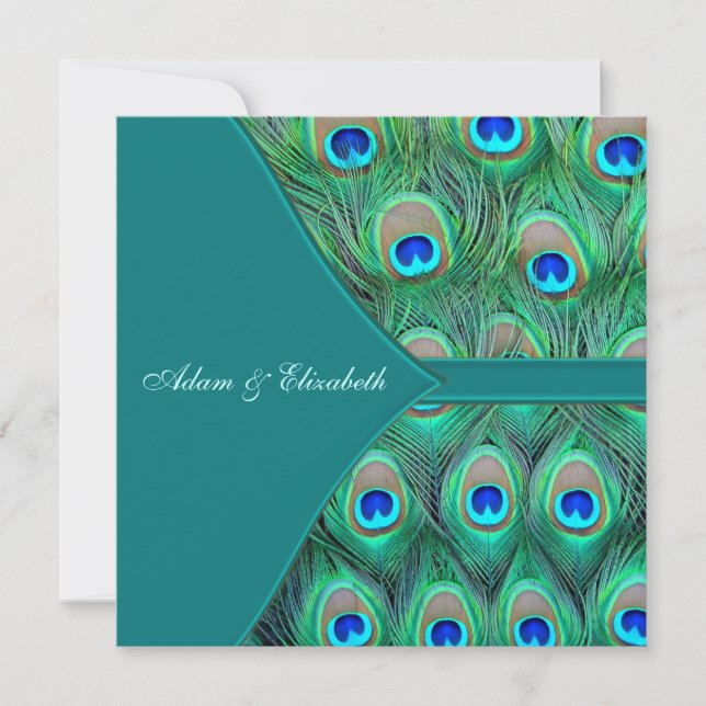 Invitación Boda de pavo real azul verde azulado (Anverso)