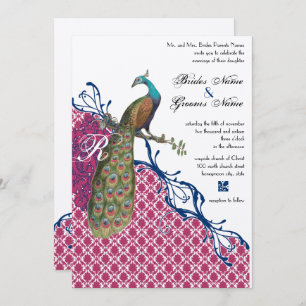 Invitación Boda de pavo real con monograma Damask de la Marin