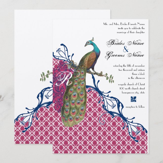 Invitación Boda de pavo real con monograma Damask de la Marin (Anverso / Reverso)