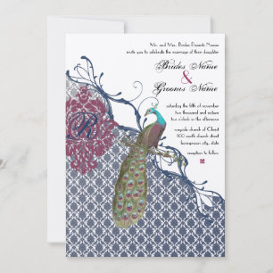 Invitación Boda de pavo real Damask elegante de Navy y Berry 