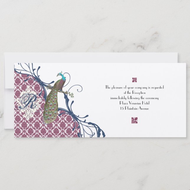 Invitación Boda de pavo real Damask elegante de Navy y Berry  (Anverso)