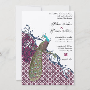 Invitación Boda de pavo real Damask elegante de Navy y Berry 