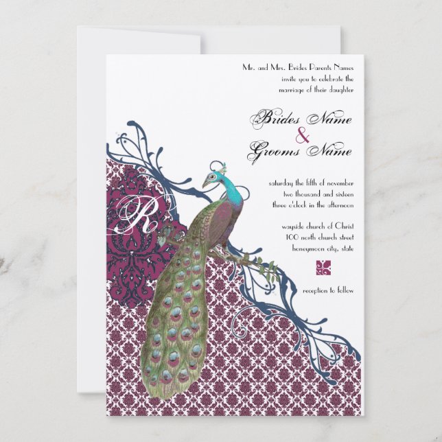 Invitación Boda de pavo real Damask elegante de Navy y Berry  (Anverso)
