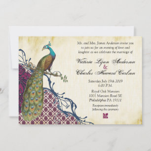 Invitación Boda de pavo real Damask elegante de Navy y Berry 