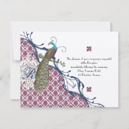 Invitación Boda de pavo real Damask elegante de Navy y Berry 