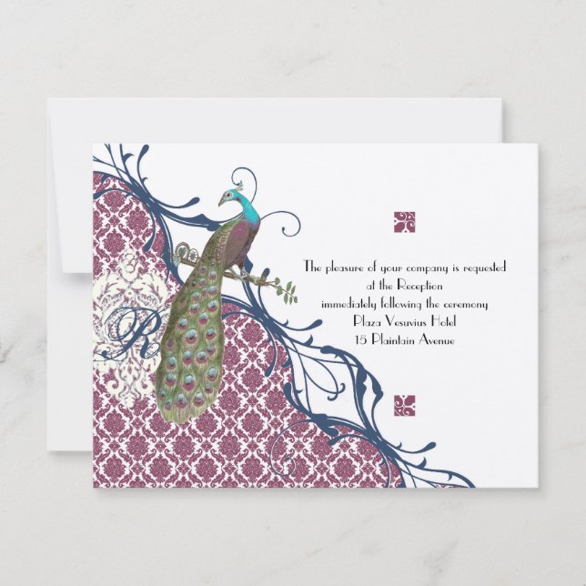Invitación Boda de pavo real Damask elegante de Navy y Berry  (Anverso)