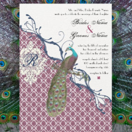 Invitación Boda de pavo real Damask elegante de Navy y Berry 