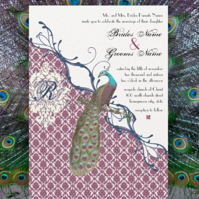 Invitación Boda de pavo real Damask elegante de Navy y Berry  (Subido por el creador)
