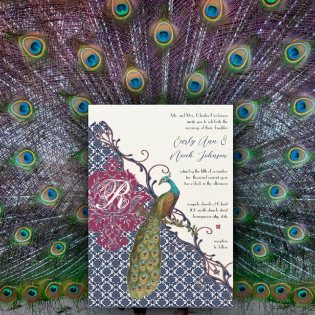 Invitación Boda de pavo real Damask elegante de Navy y Berry  (Subido por el creador)