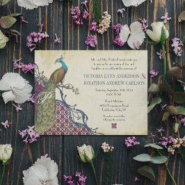 Invitación Boda de pavo real Damask elegante de Navy y Berry 
