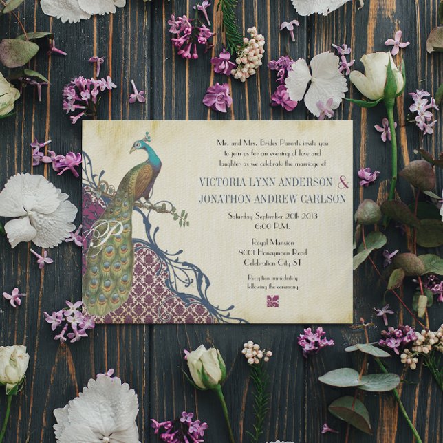 Invitación Boda de pavo real Damask elegante de Navy y Berry  (Subido por el creador)
