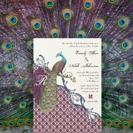 Invitación Boda de pavo real Damask elegante de Navy y Berry 