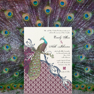 Invitación Boda de pavo real Damask elegante de Navy y Berry 