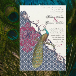 Invitación Boda de pavo real Damask elegante de Navy y Berry 