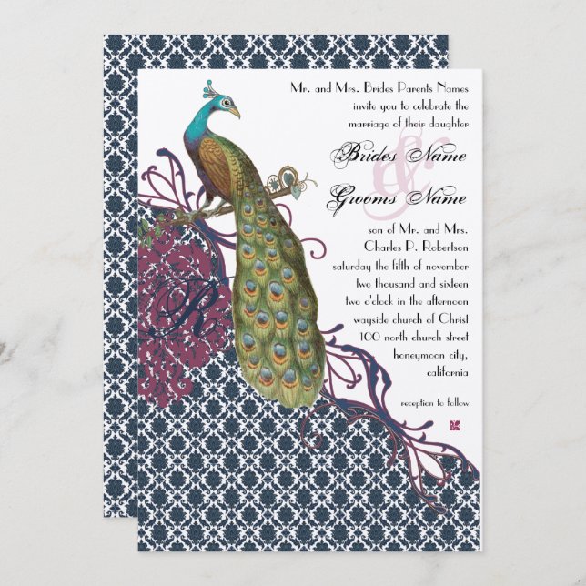 Invitación Boda de pavo real Damask elegante de Navy y Berry  (Anverso / Reverso)