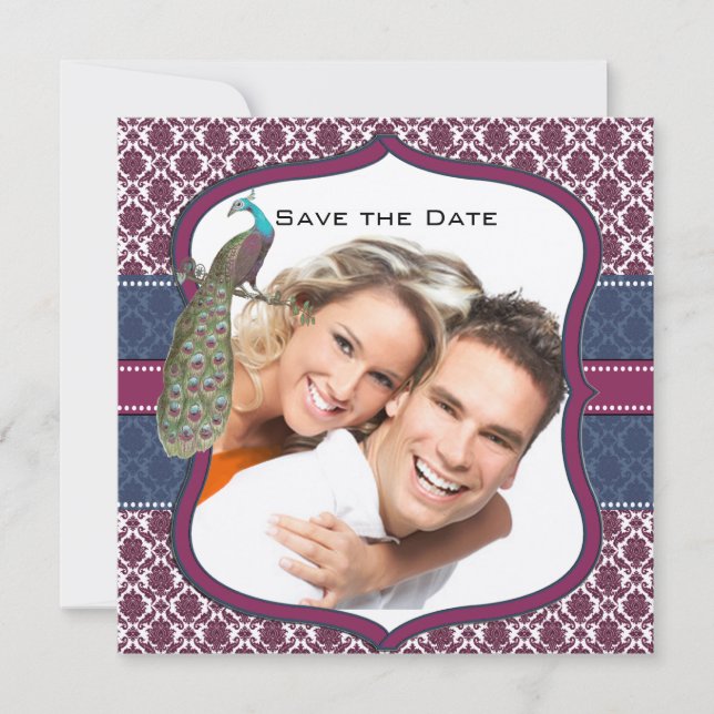 Invitación Boda de pavo real Damask elegante de Navy y Berry  (Anverso)