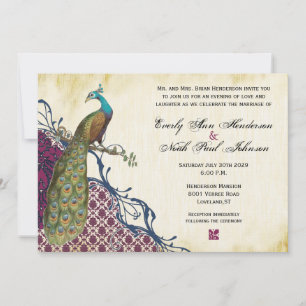Invitación Boda de pavo real Damask elegante de Navy y Berry 