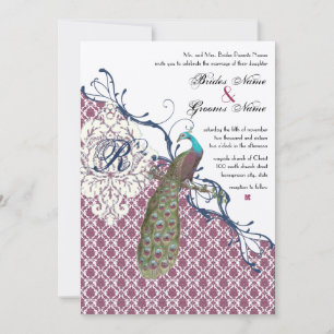 Invitación Boda de pavo real Damask elegante de Navy y Berry 