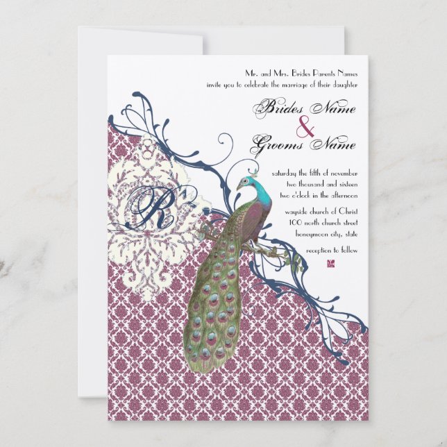 Invitación Boda de pavo real Damask elegante de Navy y Berry  (Anverso)