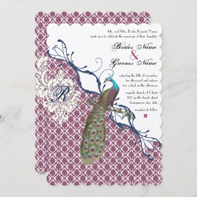 Invitación Boda de pavo real Damask elegante de Navy y Berry  (Anverso / Reverso)