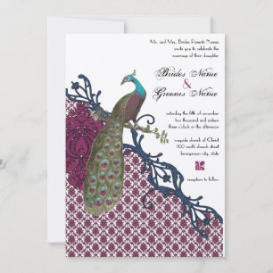 Invitación Boda de pavo real Damask elegante de Navy y Berry 